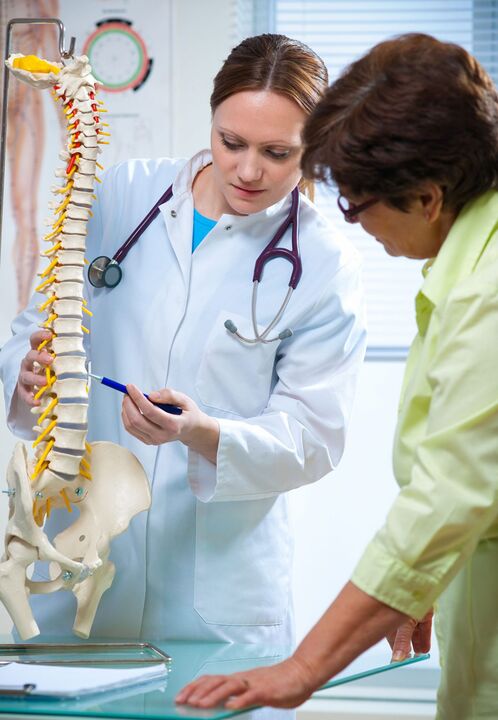 The doctor demonstrates osteochondrosis of the spine in the model